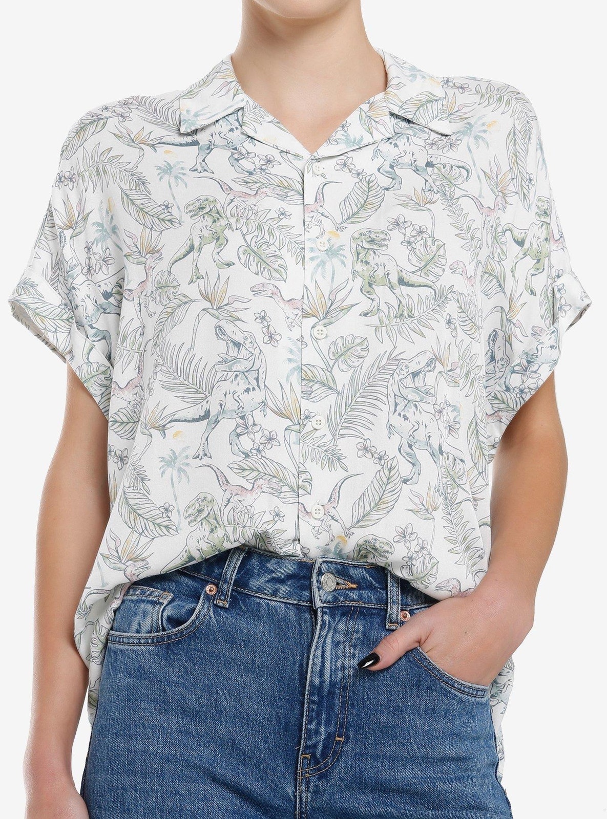 Her Universe Jurassic Park Floral Woven Button-Up Shirt Hot Topic L
